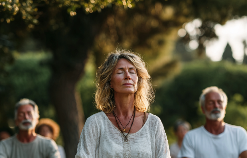 Жінка у віці займається йогою на килимку